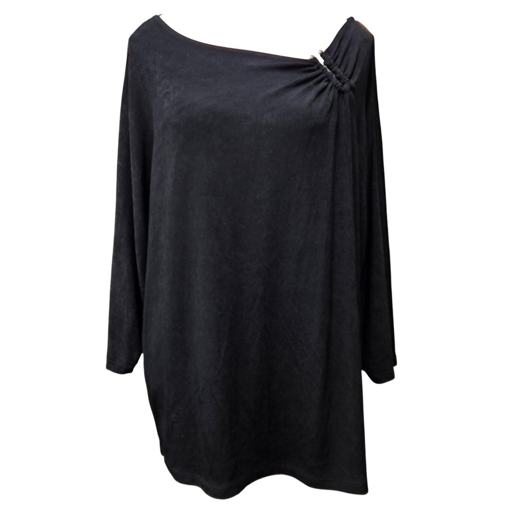 Chicos Travelers 2 Black Tunic Top Silver Bar Hardware Ruched Stretch 12 14